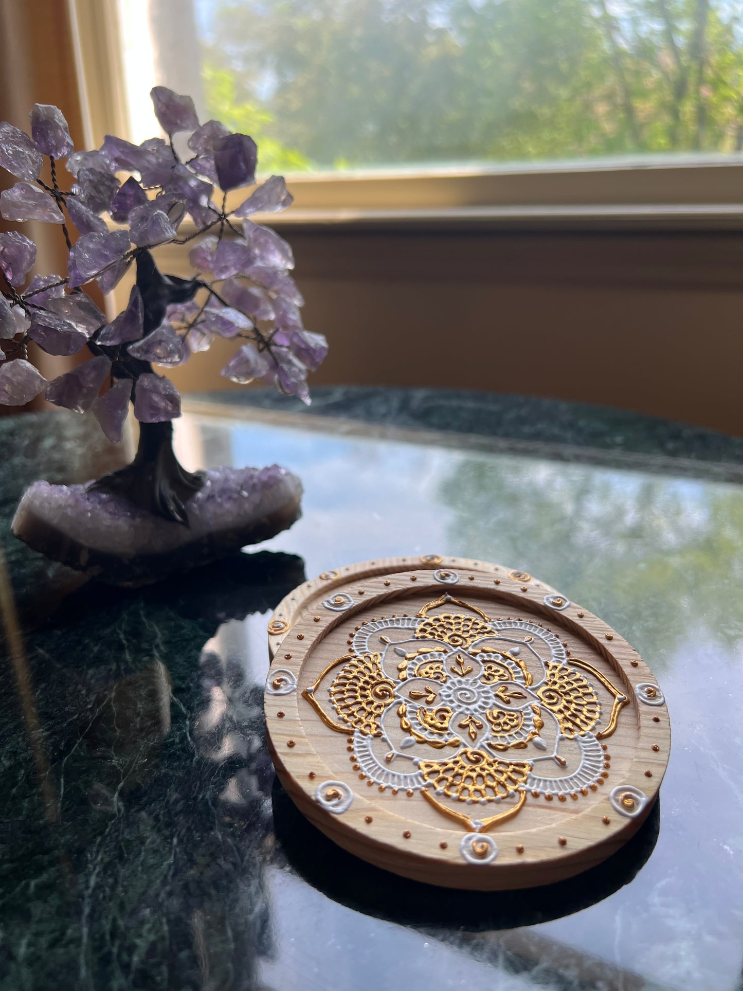 Henna mandala wooden coaster styled for gifting and table decor pair of 2