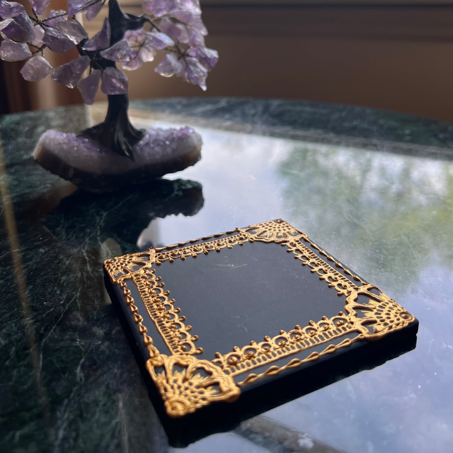 Hand-Painted Ceramic Coaster – Gold Henna Border on Black Square Tile